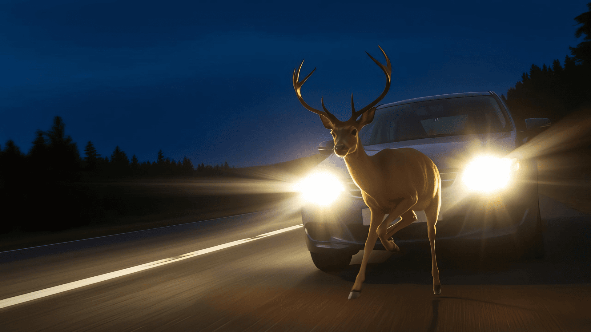 Emergency braking scenario — a deer crossing the road